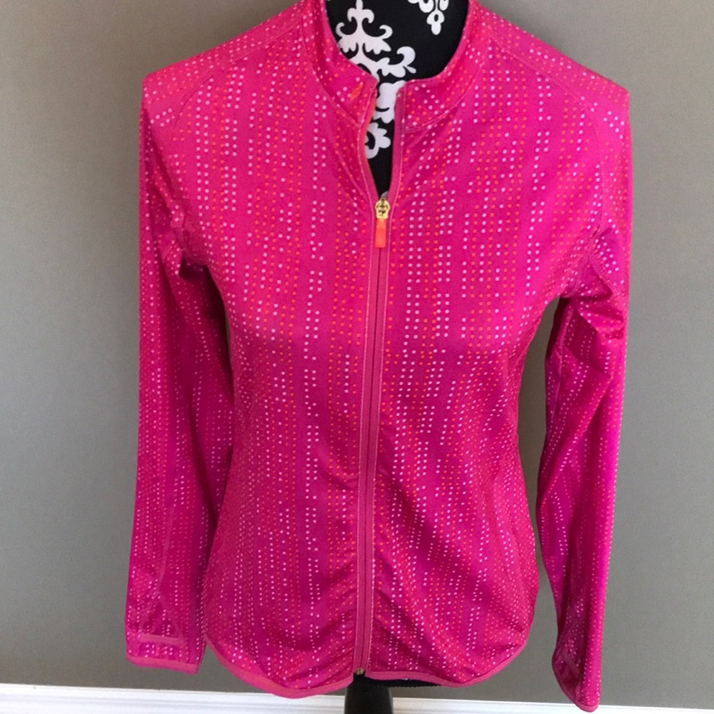 Fabulous bright pink with orange and light pink spots zip top